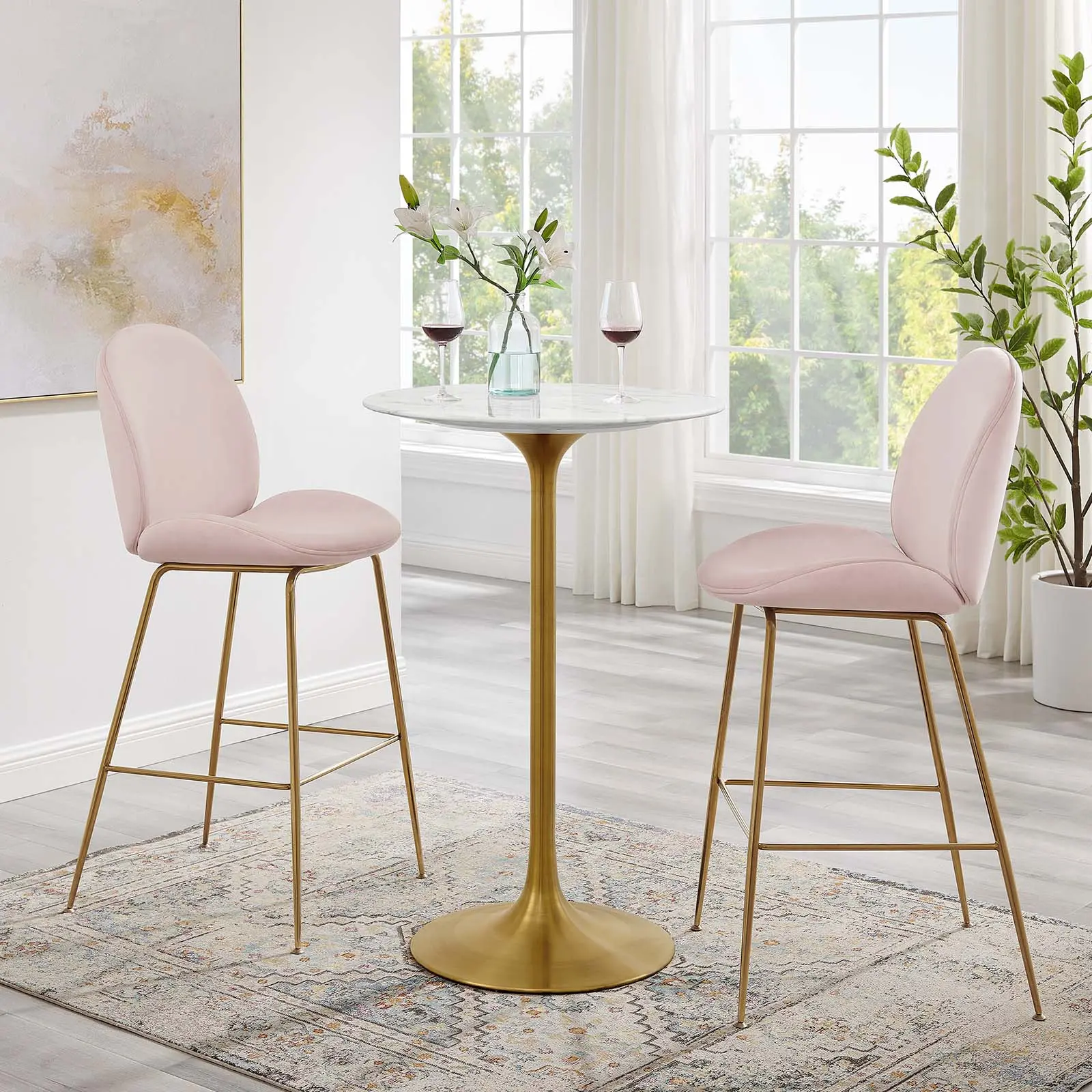 Modway Lippa 28" Round Contemporary Modern Artificial Marble Pedestal Base Bar Table, Gold-White Home Indoor Furniture