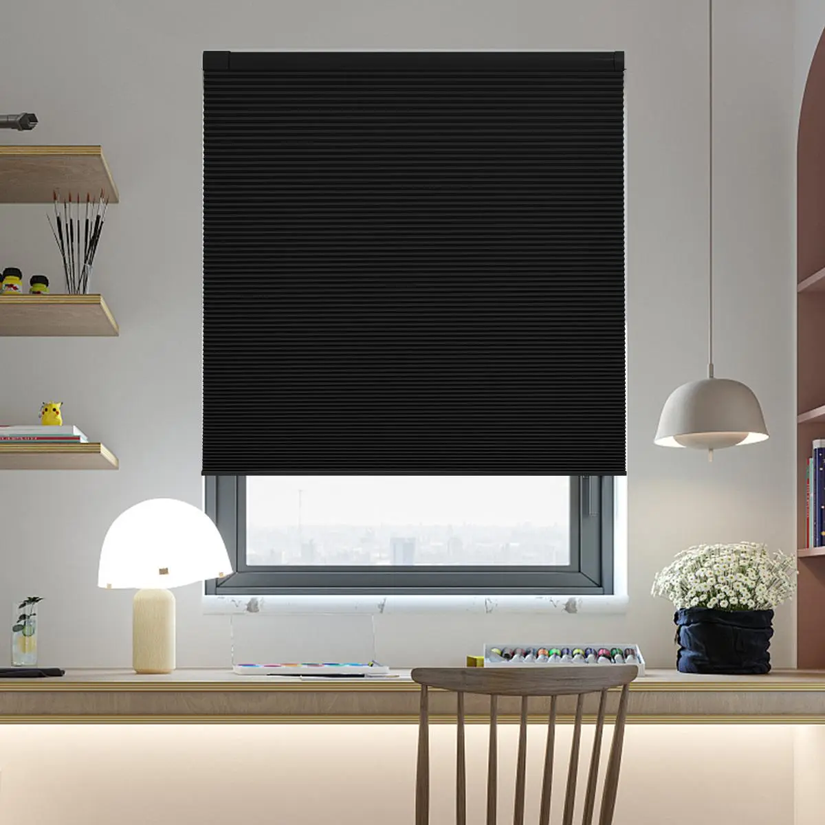 LUX PAN Cordless No-Drill Dustresist Honeycomb Blackout Vertical Blinds, Custom Sizes, Easy Installation, Child-Safe, Durable Fabric, Blackout Window Cover, Blacking Out Blinds for Bedroom, Living Room - Black