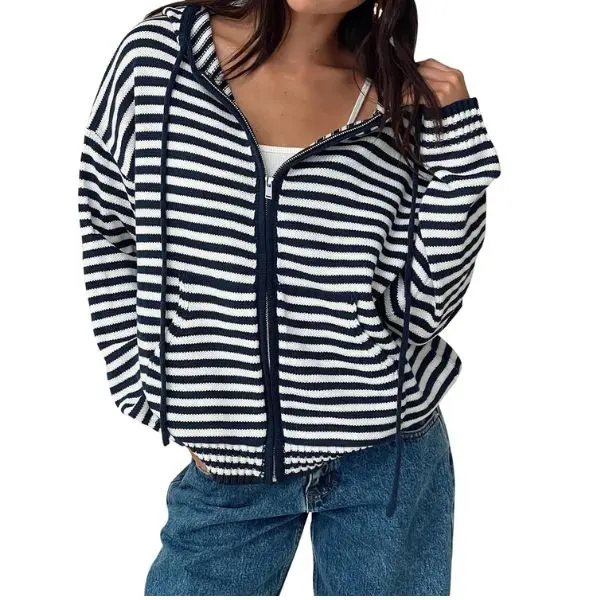 Fisoew Womens Striped Zip Up Hoodie Long Sleeve Cardigan Sweatshirts Oversized Crop Sweaters Jackets Y2K Fall Outfits