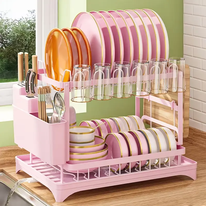 Dish Drying Rack, 2 Tier Large Dish Drying Rack for Kitchen Counter with Drainboard, Carbon Steel Dish Drainer with Anti-Rust Coating for Dish/Knifes/Cup/Cutting Board, Black