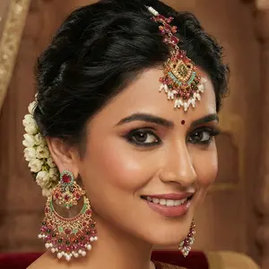 Pakistani Nauratan Earring and Maang Tikka - Traditional Gold Plated Bridal Jewelry
