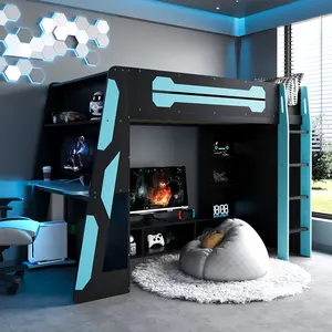 Twin Size Wood Loft Bed with Desk Multi-storage Shelves RGB Light Cloud Blue Esports Style Integrated Work Play Desk Wheeled Bedside Table