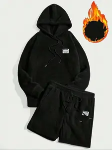 Men's Classic Flannel Pajama Set, Soft Skin-Friendly Material, Elastic Waistband Shorts & Warm Hoodie, Ideal for Teen Boys & Adults, Casual Home Wear Loungewear
