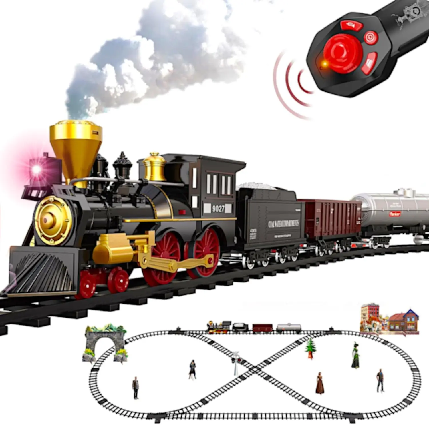 Remote Control Retro Steam Train Set - Christmas Tree Decoration Electric Toy with Luxury Tracks, RC Locomotive, Rechargeable Tender Cargo, Smoke Effect, Sound, Light, Christmas Gift, Father’s Day Gift for Kids Classic Collection Model, Retro Look