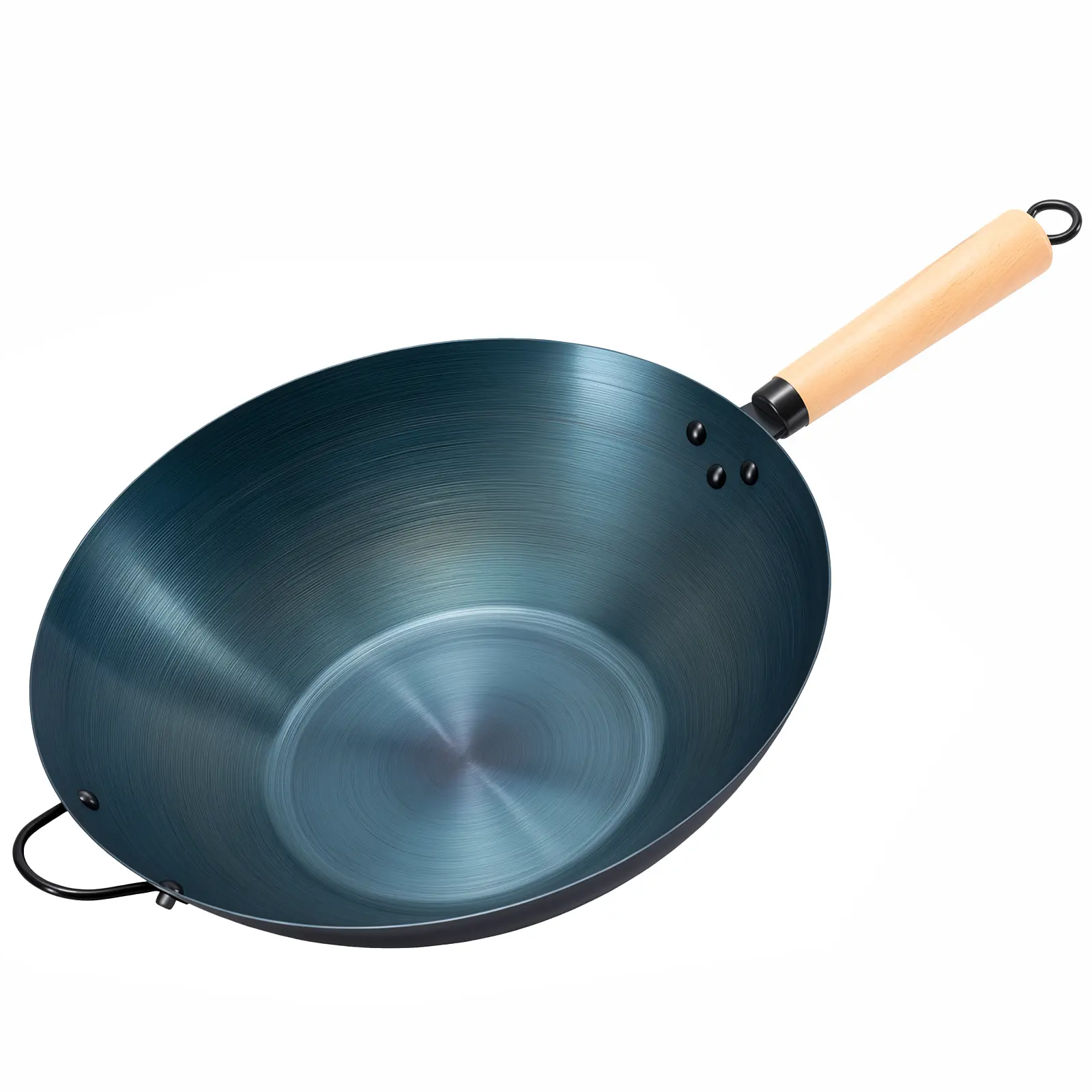 DUMOS Carbon Steel Wok 13.8 Inch, Flat Bottom Stir Fry Pan with Wooden Handle & Helper Loop, Nitriding Wear-Resistant Non-Stick Wok, No Pre-Seasoning Needed, Chemical-Free Induction Compatible Wok, Blue Finish