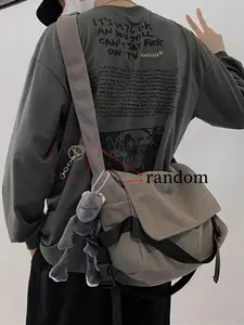 Men's Plain Canvas Crossbody Bag, Solid Color Trendy Versatile Crossbody Bag with Cartoon Charm, Large Capacity Daily Commuting Shoulder Bag for Work & School