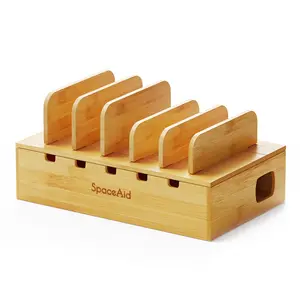 SpaceAid Bamboo Charging Station Organizer for 5 Devices Cell Phones, Tablets and iPads