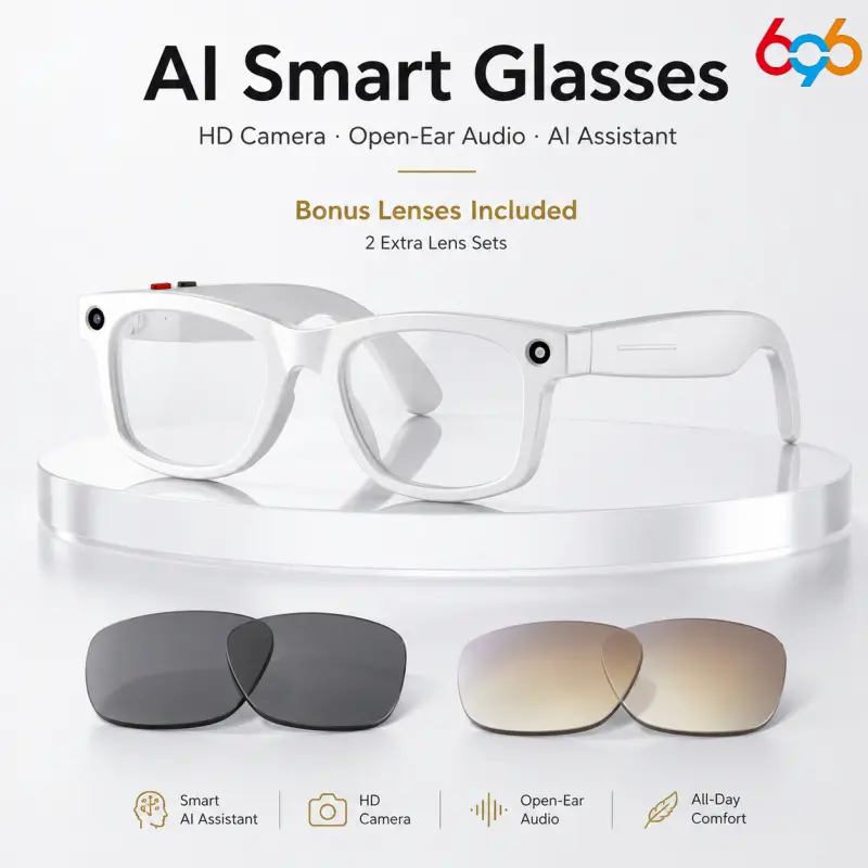 2026 New AI Smart Camera Glasses with 2 Bonus Lens Sets, 1080P HD EIS Anti-Shake Video, AI Image Recognition, Voice Control, Bluetooth Audio Calls, Wi-Fi Transfer, 3-in-1 Smart Eyewear for Travel, Sports & Daily Use
