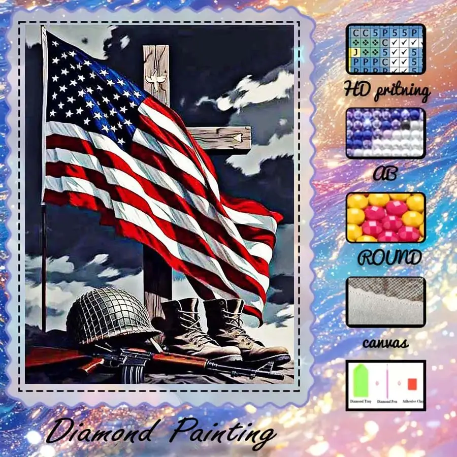 DIY 5D Craft velvet cloth diamond painting kit, AB diamonds, crystal diamonds, national flags, crosses, military boots diamond embroidery, diamond art kit, Diamond art tools, wall decoration, gift for family, loved ones, and friends