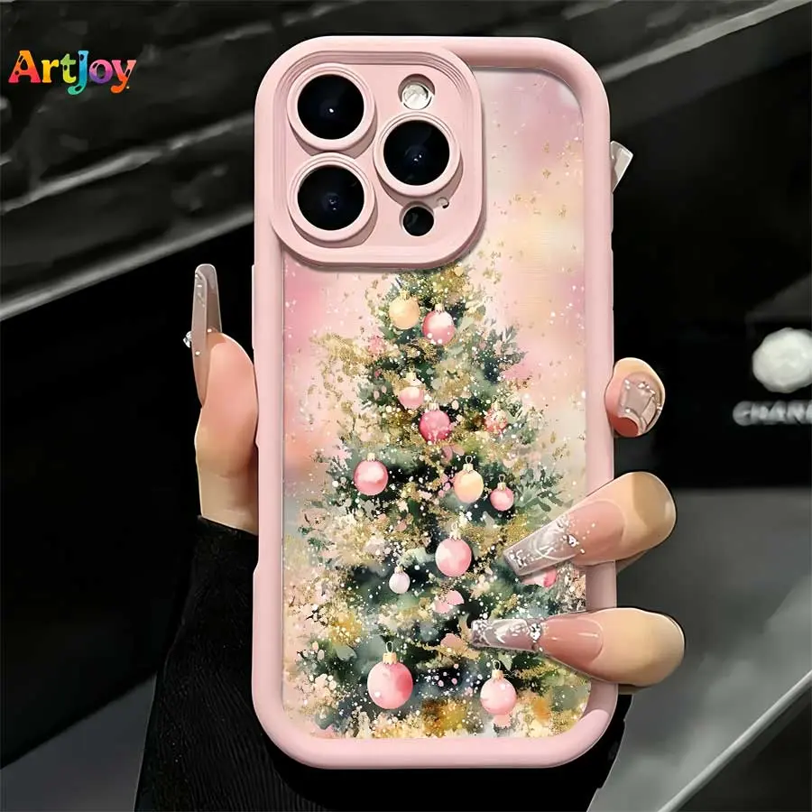 Shockproof Durable iPhone Case - Elegant Christmas HD Print Phone Accessory with Watercolor Christmas Tree, Pink Ornaments & Golden Foil Effect, Light Pink Frame for Multiple iPhones (17 Pro Max,16,16 Plus,15,14,13) - Ideal Holiday Gift, Accessories
