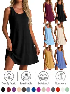 2026 New Summer Beach Dress Casual Wear, Loose V-Neck Sleeveless Cotton Linen, Women's European and American Style, Cross-Border Independent Design