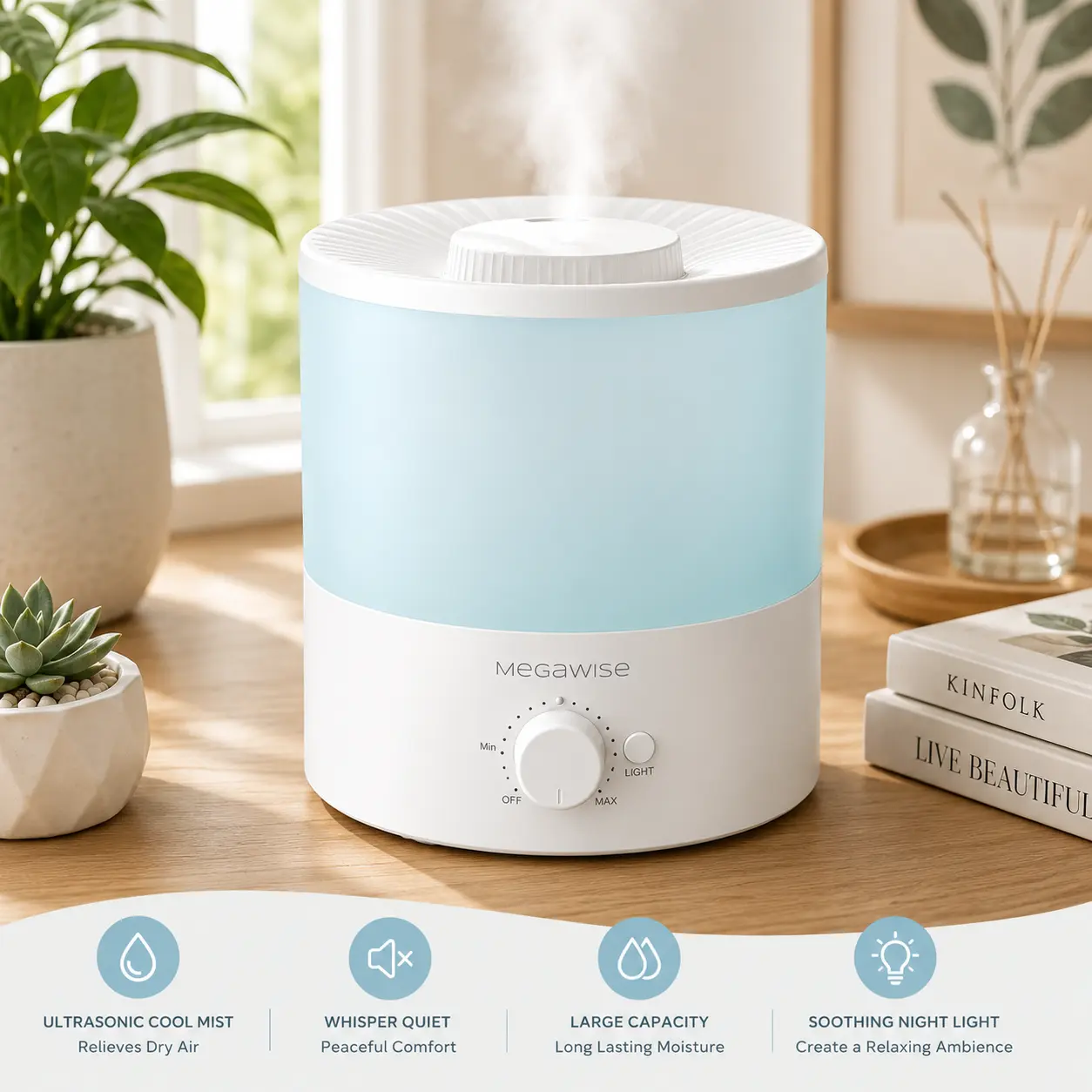 MegaWise Ultrasonic Cool Mist Humidifier SK7620 - 1.5L Capacity, Whisper-Quiet Operation, Adjustable Mist Output, Auto Shut-Off - Ideal for Home, Baby Room