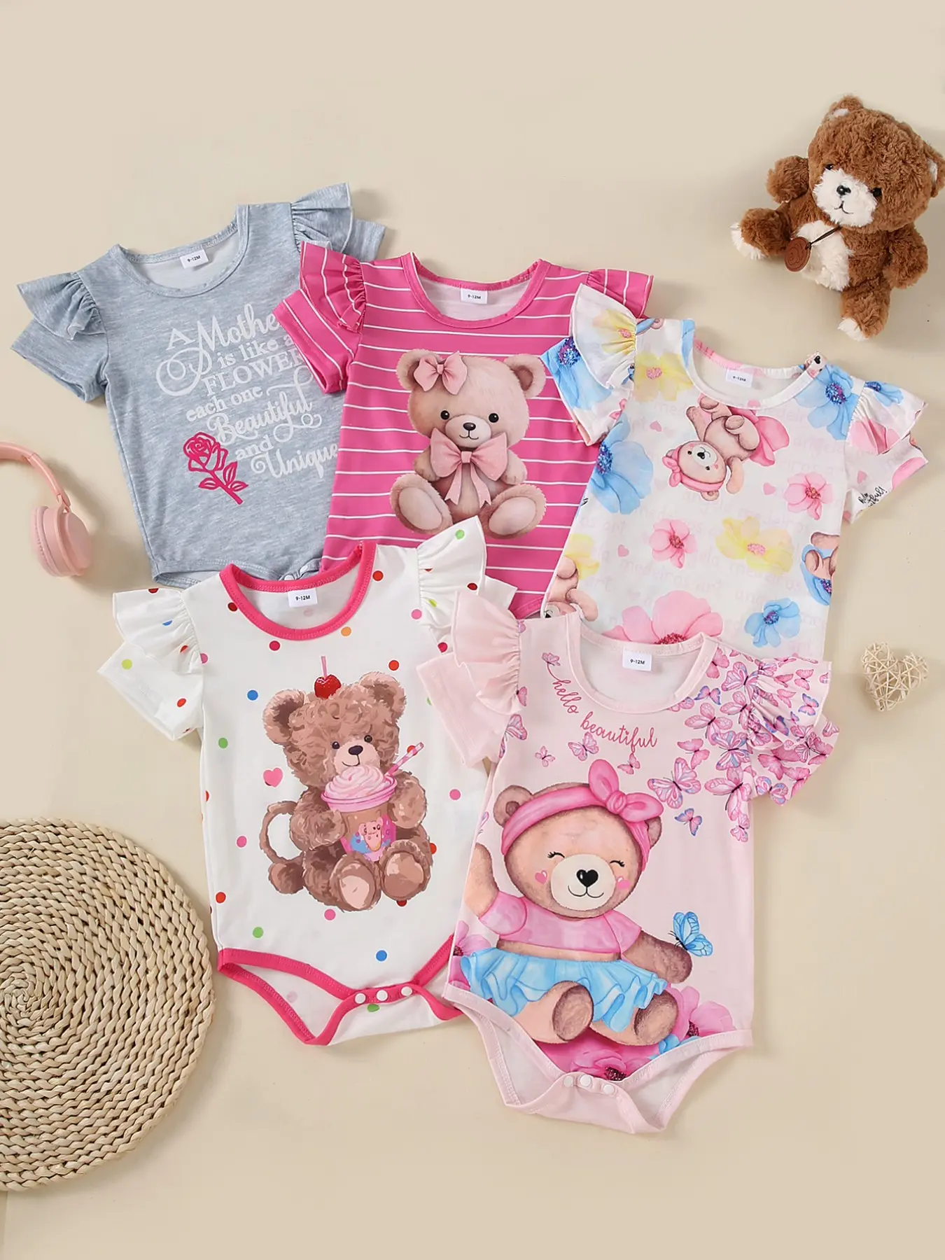 Summer Five-Piece Baby Girls' Cartoon Bear & Letter Print Ruffle Short Sleeve Triangle Onesies Set, Cute Toddler Outfit, Baby Clothing, Baby Girl Clothes