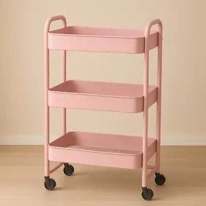 3-Tier Rolling Cart with 6 Hooks – Metal Utility Storage Cart on Wheels with Handle, Organizer for Classroom, Office, Dorm & Home, Pink & White