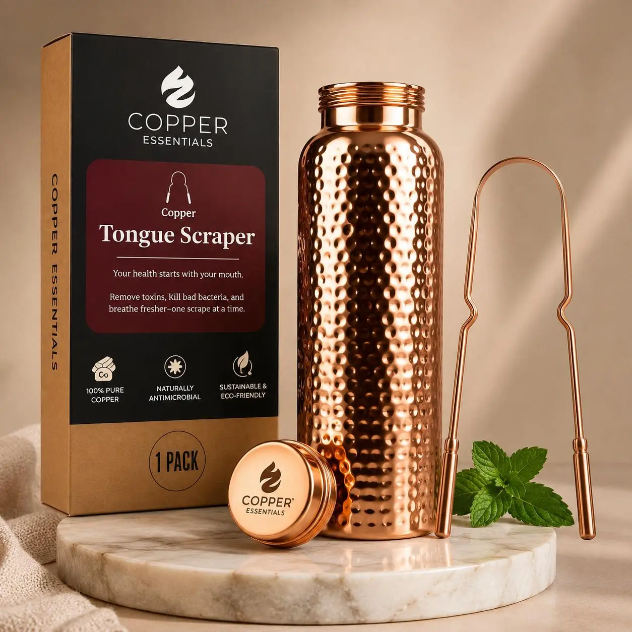 Copper 32oz Water Bottle with Copper Tongue Scraper - 100% Pure Copper, Heavy-Duty, Leak-Proof, Ideal Drinkware Set