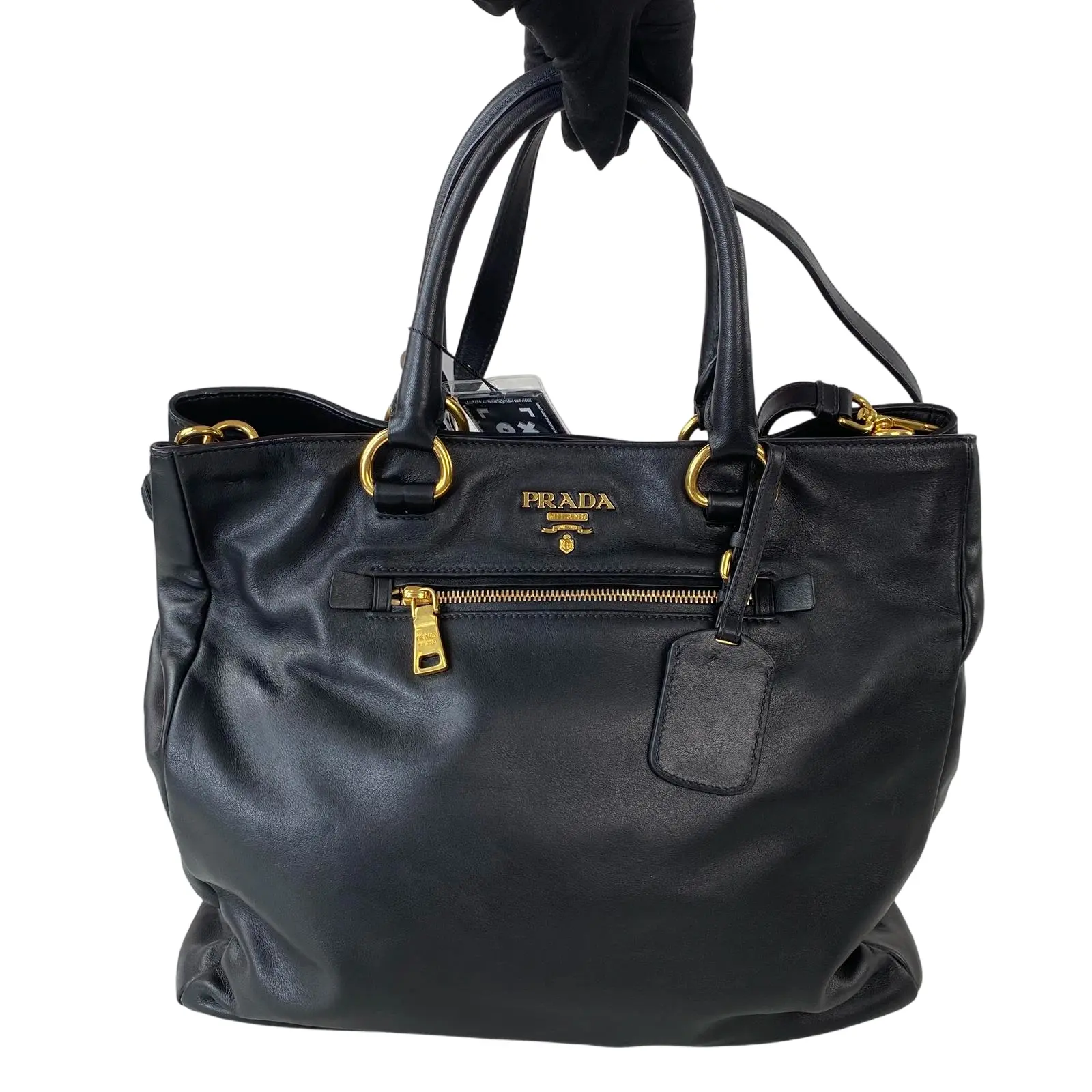 Pre-owned PRADA Soft calfskin leather Tote Bags black large soft leather tote bag with gold tone hardware and front zip pocket.+little charm++
