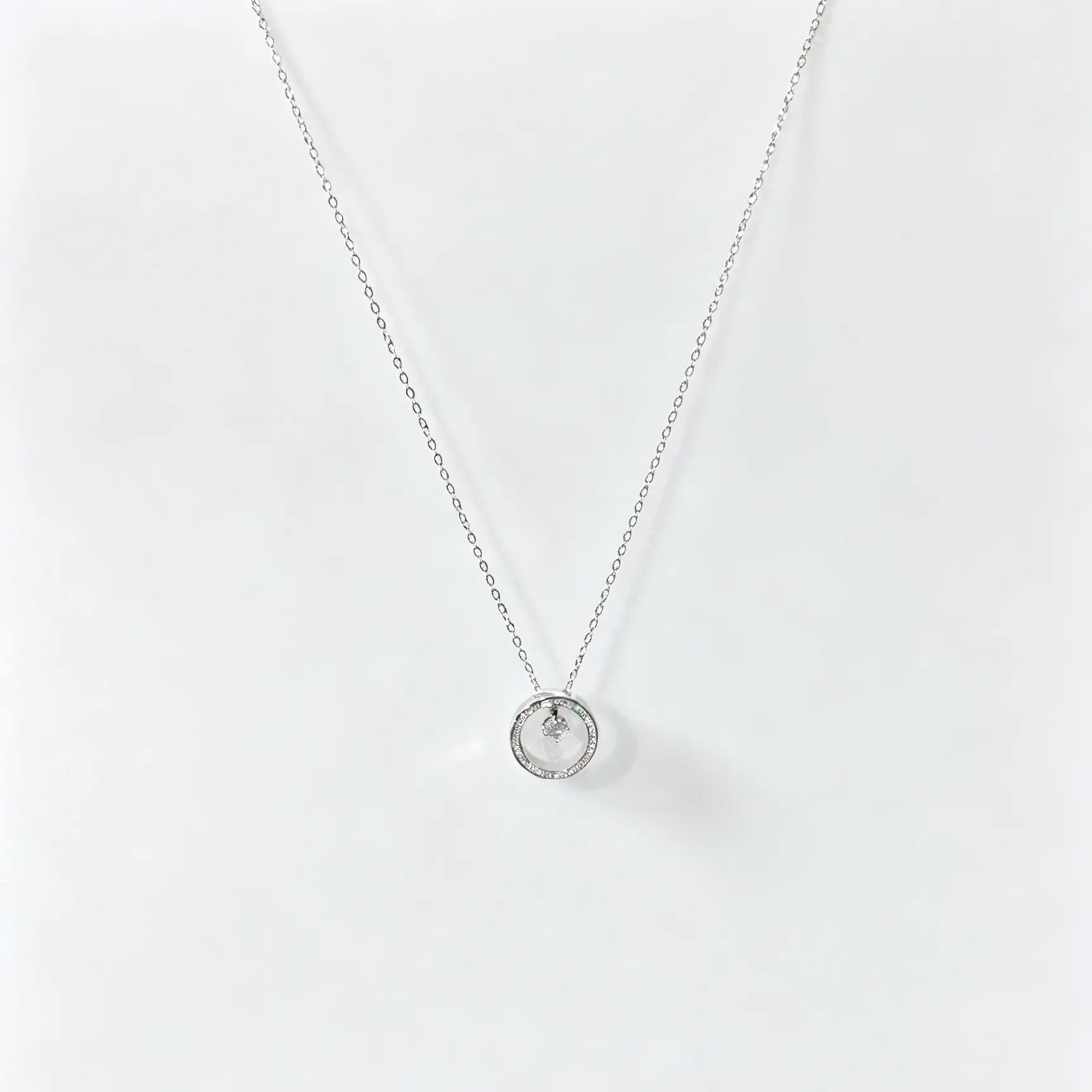 lunar Silver Plated Circle Pendant Necklace for Women - Dainty Choker Simulated Diamond Necklace - Lightweight Womens CZ Chain Necklace