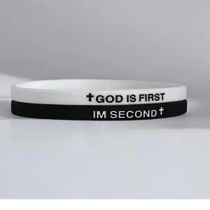 4 Pack GOD IS FIRST IM SECOND Bracelets - Interchangeable Black & White Christian Silicone Bands, Mix & Match Scripture Wristbands, and Uplifting Christian Gift Set for Men Women Teens,charm bracelets