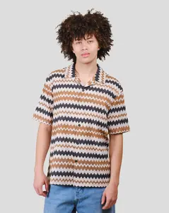 Brooklyn Cloth Zig Zag Jacquard Camp Shirt, Textured Retro Stripe Button Up, Relaxed Fit, Straight Hem, Open Camp Collar, Multiple Color, Small to X-Large