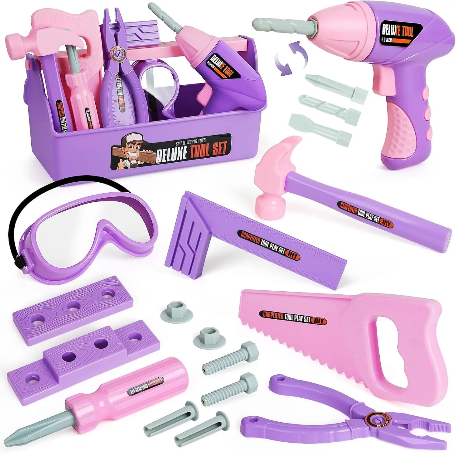 Pink & Purple Kids Tool Box Set – 18 PCS Construction Tools with Hand Drills – Pretend Play Learning Gift for Ages 3-7, Perfect for Home & Outdoor Fun