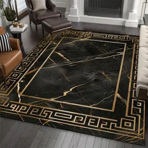 Luxury Black Marble with Greek Key Gold Border Flannel Area Rug - Modern Geometric Print Soft Mat for Living Room & Bedroom, Non-Slip Home Decor, Decorative Rugs