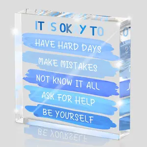 Mental Health "It is Okay to..." Desk Sign - 4x4 Inch Blue Acrylic Desktop Decoration Affirmation Decor for Women, Therapy Office Decor, Home Office Decor, Self-Compassion Gifts, Anxiety Relief & Positive Workspace Accessories, Desk Signage Decoration