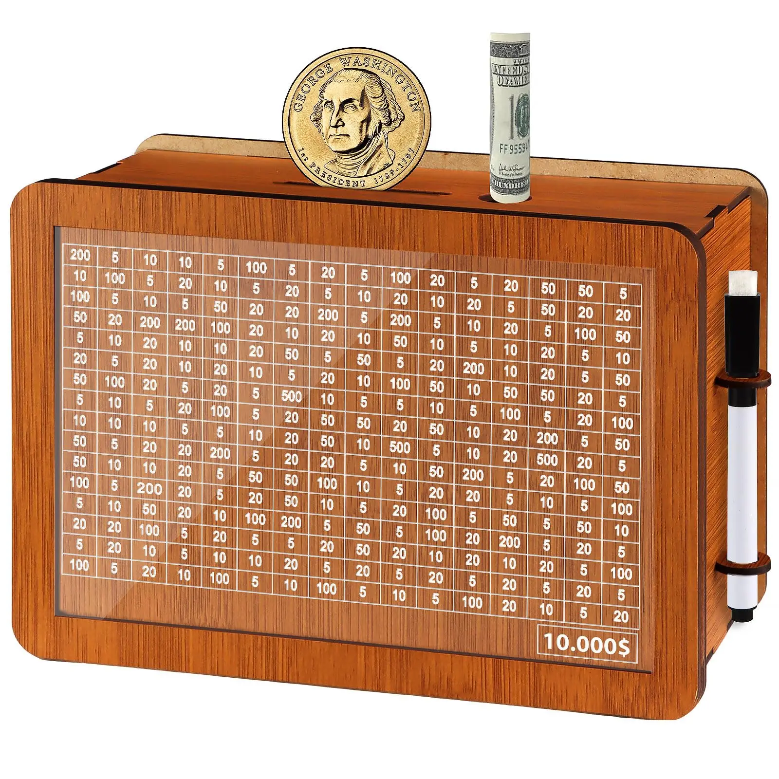 Large-Size Brown Wooden Unisex $10000 Savings Challenge Piggy Bank - Smooth Transparent Cash Vault Boxes, Kakeibo Money Bank with Counter, Dry-Erase Pen, Adult Home Supplies Decorative Gift