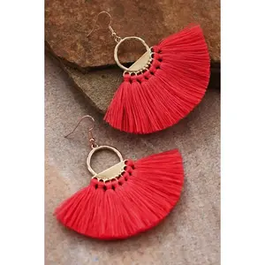 Coral Boho Fan Shaped Tassel Earrings