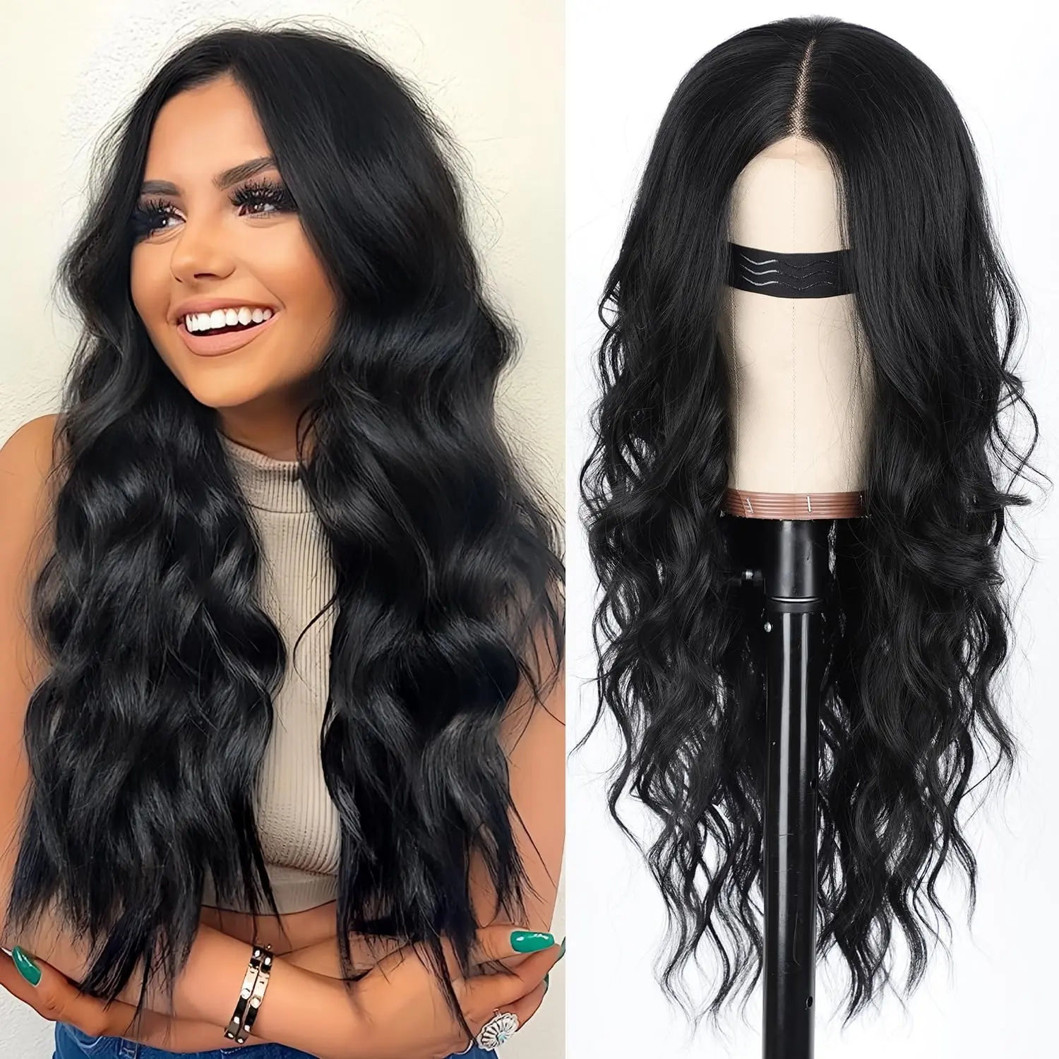 [ AISI HAIR ] Black Wig for Women, Long Wavy Lace Hairline Middle Part Synthetic Heat Resistant Wig for Daily Party-26 Inch