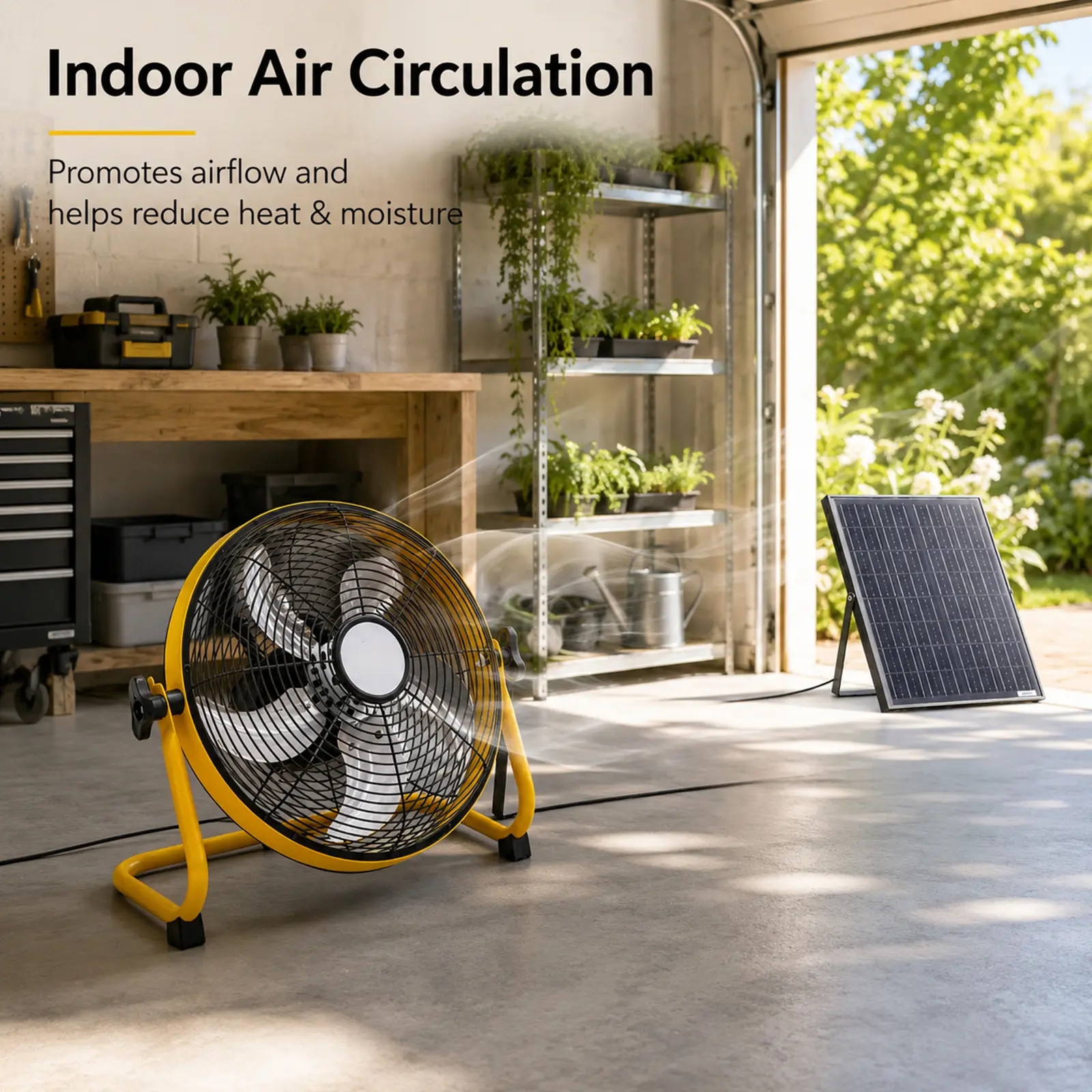 Yellow Solar Rechargeable Floor Fan,30W Adjustable Monocrystalline Solar Panel,Built-in 1500mAh Battery,3-Speed Remote Dual Power Fan for Home Room,Backyard Camping & Greenhouse