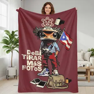 Puerto Rico Frog Photographer Flannel Blanket Vintage Street Art Print with Flag and Camera Elements Soft Cozy Warm Lightweight Throw Perfect for Sofa Decor Travel Adventures Bedroom Gift and Living Room Use summerwins
