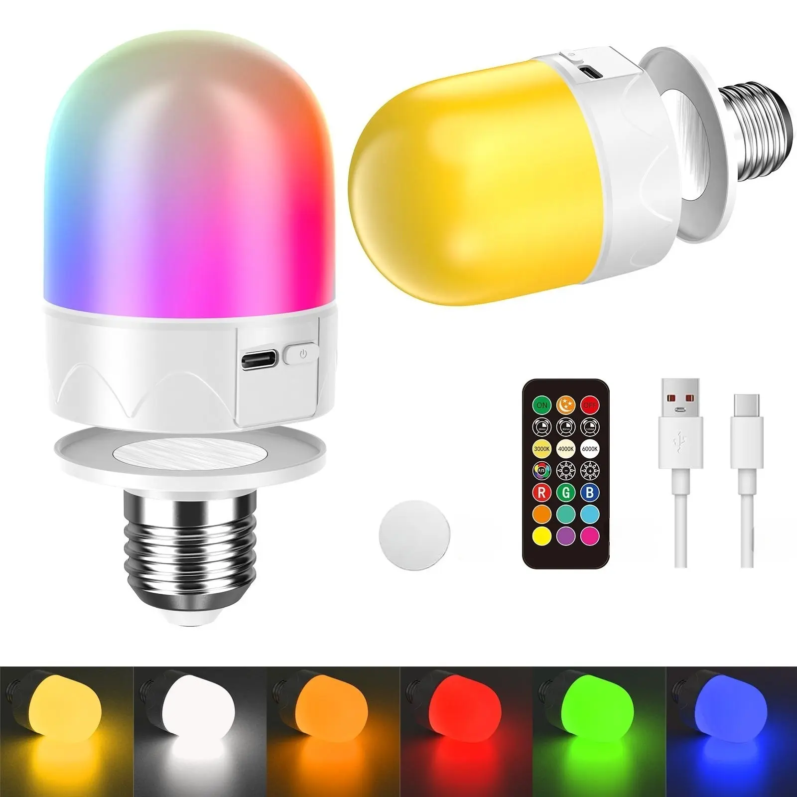 USB Rechargeable Light Bulbs for Non-Hardwired Fixtures, 3Colors9RGB+Remote Dimmable Timer, Detachable Magnetic LED Bulb, Battery Backup Bulb for Power Outage Camping Outdoor Hurricane