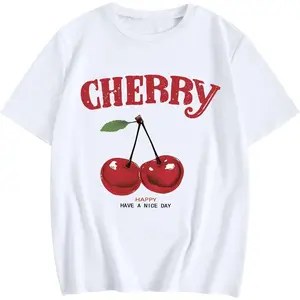 Women's Cotton Short-Sleeve Fruit Graphic Cherry Shirt, Comfortable Fit Vintage Aesthetic Preppy Garment, Casual Sports Top