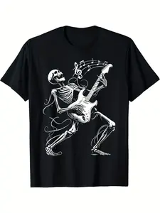 Men'S Rock Band Skeleton Guitarist Graphic T-Shirt - Black & White Music Tee with Electric Guitar & Stage Performance Design, Breathable, Loose Fit Crew Neck, Machine Washable Casual Shirt for Concerts, Casual Attire & Rock Style Outfits