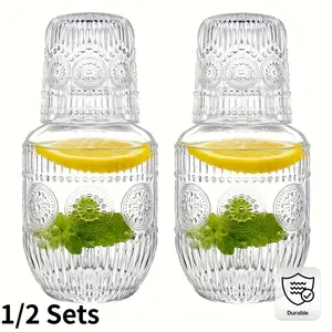 Elegant Glass Bedside Kettle And Cup Set With Lid - Clear Glass Kettle And Cups, Durable Glass Construction, Contemporary Decorative Drinkware Set, Suitable For Bedroom, Office, Stylish Bedside Table, Glass Kettle.