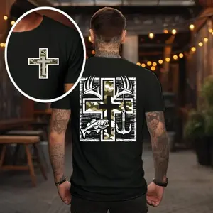 Unisex Christian Faith T-Shirt – Hunting & Fishing Design with Camo Cross and Bass