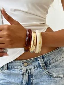 Women's Vintage Resin Amber Acrylic High Quality Bracelet Set, Casual Metal Bangle Jewelry, Stackable Fashion Accessory for Daily Wear