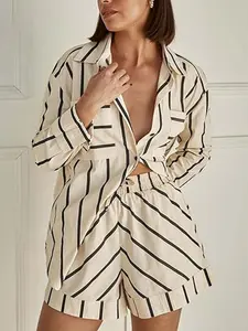 Leisure Striped Collared Long Sleeve Shirt & Elastic Waist Shorts Co-ord Casual