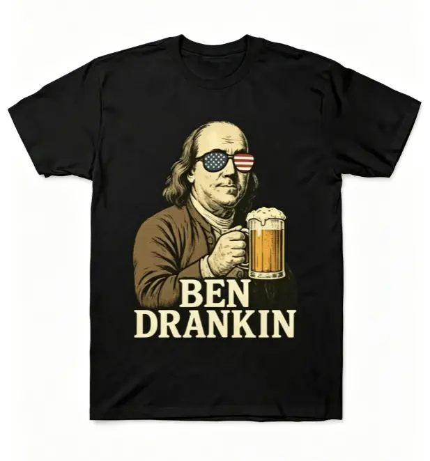 Ben Drankin Benjamin Franklin USA Flag Sunglasses Patriotic Beer Retro Graphic Short Sleeve T-Shirt, Unisex Summer Labor Day Patriotic Backyard Cookout Casual Tops, 100% Pure Cotton Printed Craft Summervibes Tee, Soft Breathable Loose Fit daily outfits