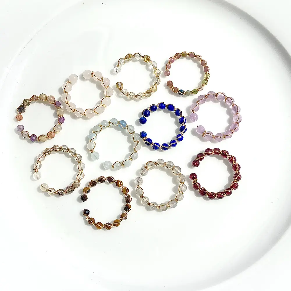 Handmade Bead Rose Quartz kunzite Lapis Lazuli Reiki Gemstone Men Women's crystal ring