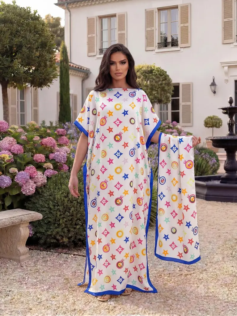 beach shawl dress Women's Elegant Chic Geometric Print Robe Set, Casual Fitted Long & Scarf, Resort Wear Sun Protection Satin Matching Set Size:2XB
