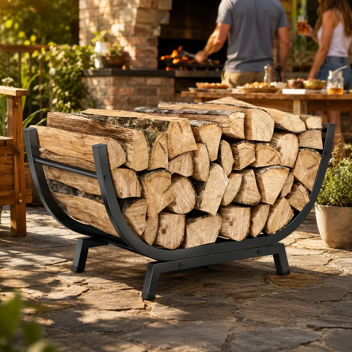 Littleox 25 Inch Black Metal Firewood Rack, Indoor Outdoor Firewood Holder with Sturdy Trapezoidal Base, Double-Layer Coated Waterproof & Rustproof