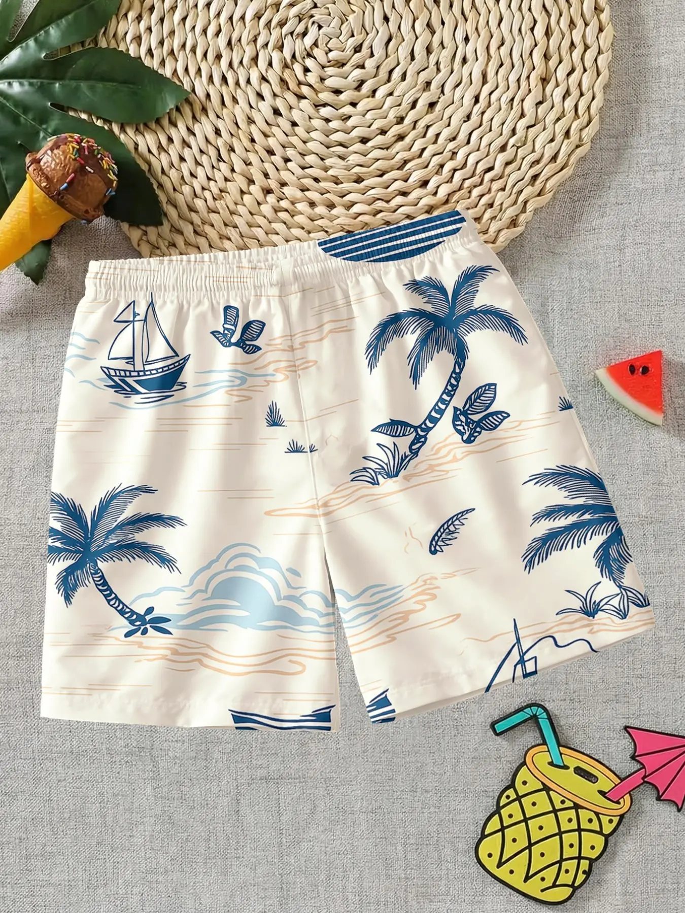 Boys' Blue Gradient Palm Tree Print Swim Trunks, Kids Tropical Beach Elastic Waist Boxer Shorts, Breathable Summer Clothing Bottoms, Swim Wear, Swimming Trunks