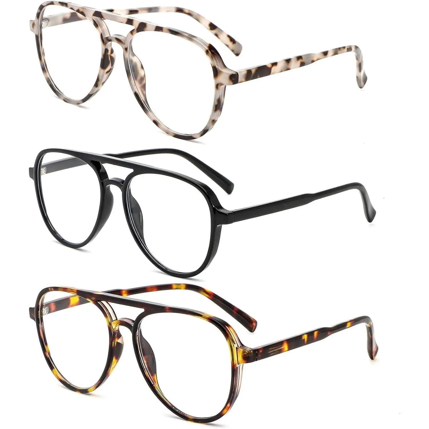 Unisex 3-Pack Oversized Retro Aviator Non-Prescription Reading Glasses - 1.5x, 2.0x, Adjustable Sizing, Blue Light Blocking for Computers, 45-70 Years, Black, Brown Leopard, Grey Leopard, Lightweight High-Quality Eyewear