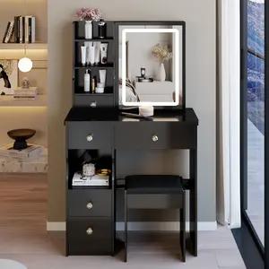 29.2" Small Size Left Drawer Desktop Vanity Table + Cushioned Stool, Large Sliding, Touch Control, Tri-color Switching, Brightness Adjust LED Mirror, High Capacity Storage, Suitable for Small Space