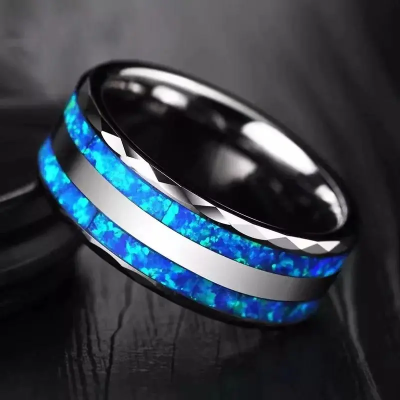 8MM Silver Stainless Steel Ring for Female, Double-Polished Groove with Blue Opal Inlay, Daily Wear Anniversary Gift Fashion Jewelry by Handmade Master Jeweler (Best Price), Wedding, Metal Coating, All Seasons, Grooved Groove