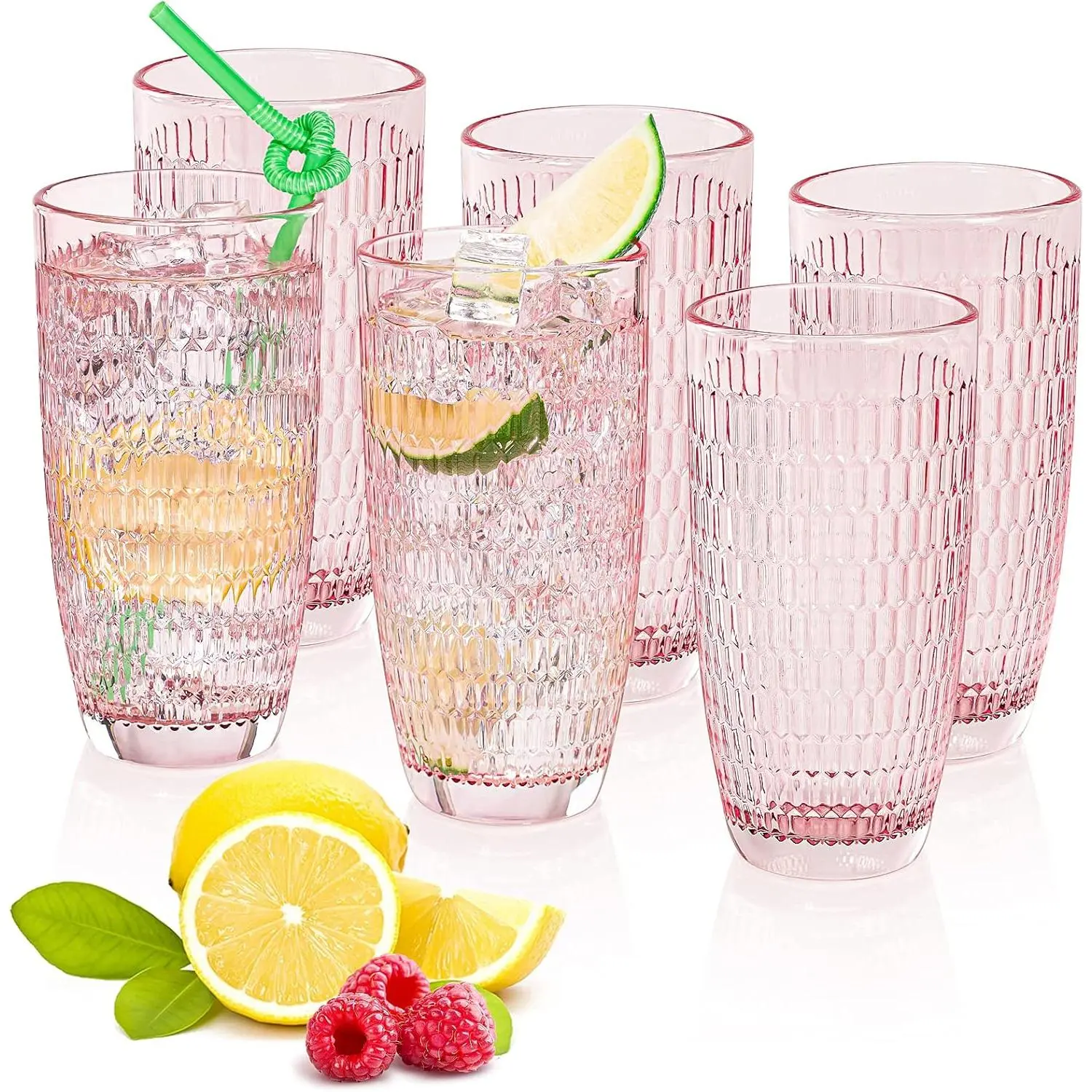 Pink Highball Drinking Glasses Set of 6 - 14.87oz/440ml Wide Mouth, Stylish, Sturdy for Daily Sipping, Thick Base Feels Secure, Honeycomb Embossed, Great for Soda Parties, Elevates Casual Dinners at Home, Colored Glasses