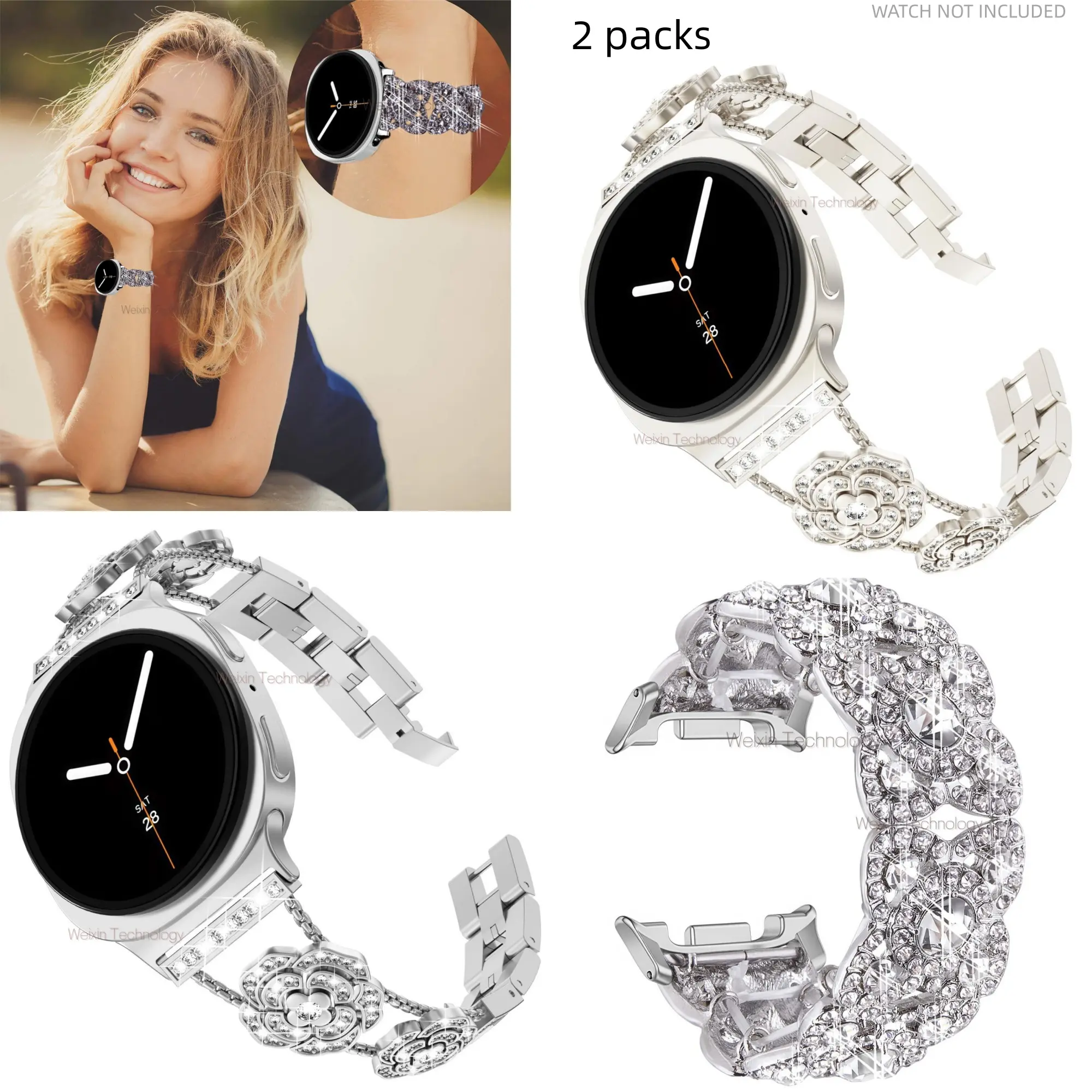 Sparkling Diamond Bracelet Strap for Samsung Galaxy Watch 8 Stainless Steel Replacement Chain Metal Strap 40mm 44mm Galaxy Watch 8 Classic Strap 46mm Luxury Designer Bracelet, Camellia Metal Strap for Samsung Watch, Smart Watch Strap, Metal Bracelet Strap