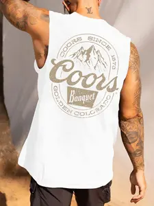 Men's Street Style Sleeveless Graphic Top, Quick-Dry Breathable Fabric, Side Slit Top, Summer Essential, Gym Wear, Loose-Fit Tank Top, Breathable Activewear