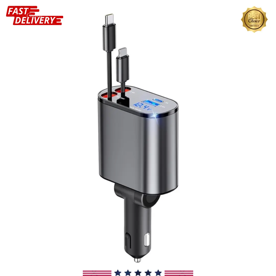 4 in 1 Retractable Car Charger, USB C Fast Charging Adapter [Max 100W] with Lightning Cable & Dual Charge Ports Compatible with Samsung Galaxy S23/S22/S10, iPhone 16/15/14/13 Pro Max Plus/iPad/AirPods, Google Pixel